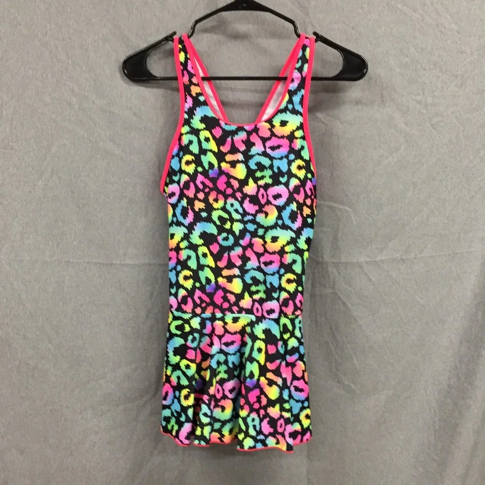 Girls Neon Rainbow Leopard Print One Piece Swim Dress Racerback Skirted Swimsuit